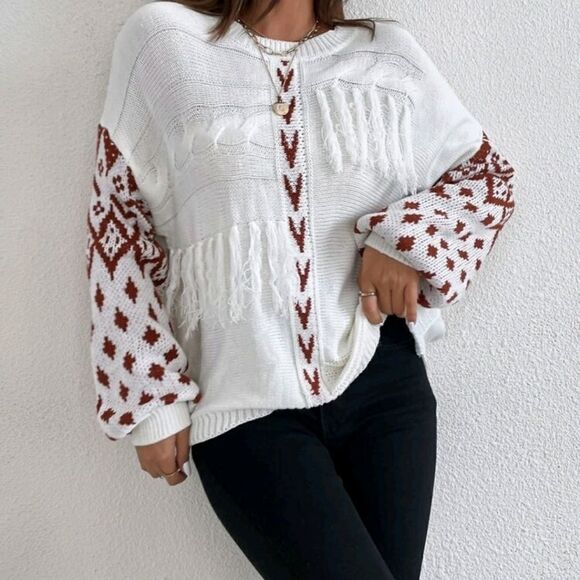 Geo Pattern Tassel Detail Drop Shoulder Sweater - Picture 4 of 8